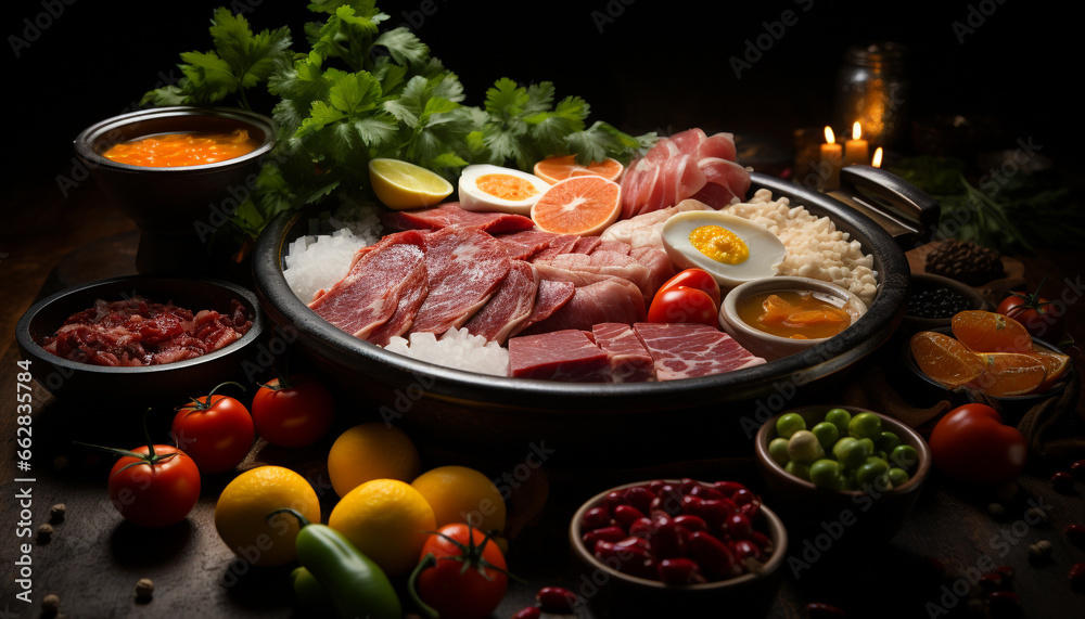 Grilled steak and pork, fresh vegetables, healthy meal on table generated by AI