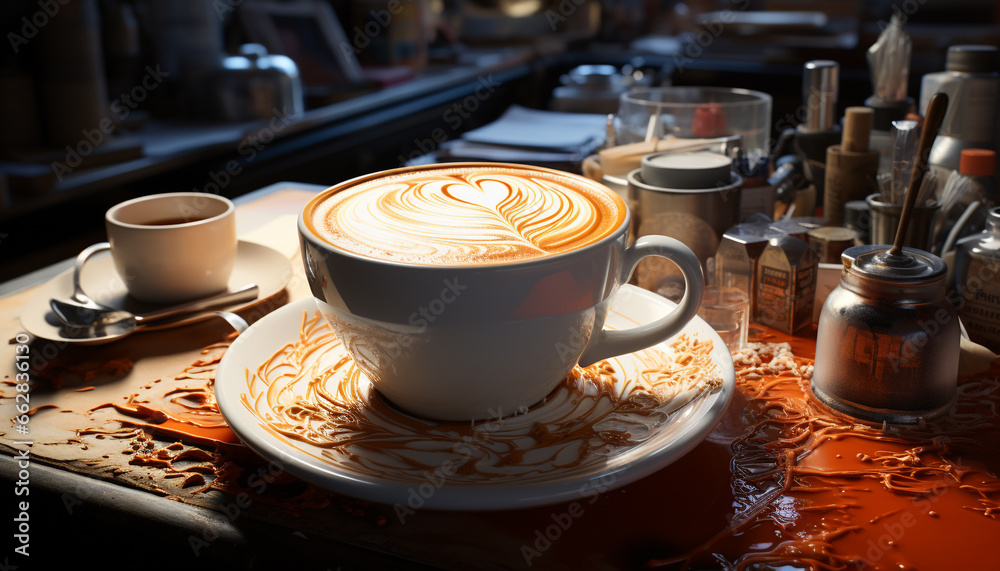 Coffee cup on table, heat and freshness in frothy drink generated by AI