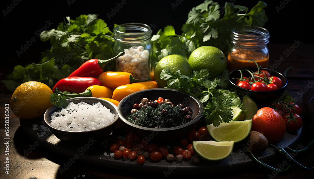 Freshness and variety on a wooden table, nature healthy gourmet meal generated by AI