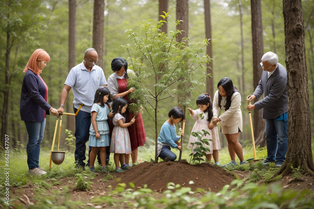 A diverse family honors a loved ones memory by jointly planting a tree in a serene forest, symbolizing life, love, and legacy ai generative