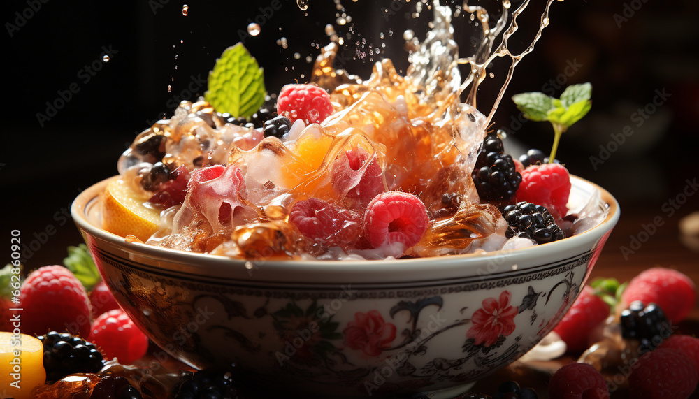 Freshness and sweetness in a bowl of berry fruit dessert generated by AI