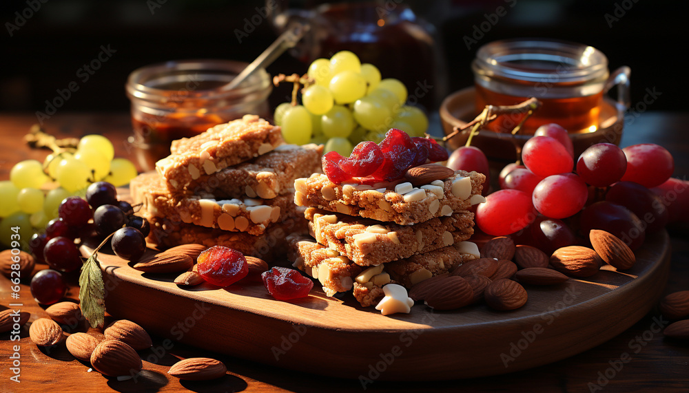 Freshness and nature on a rustic table, a gourmet fruit feast generated by AI