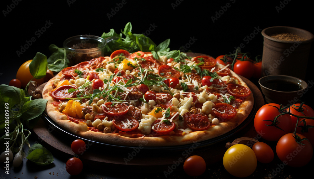 Freshness on a wooden table, homemade pizza with mozzarella and tomato generated by AI