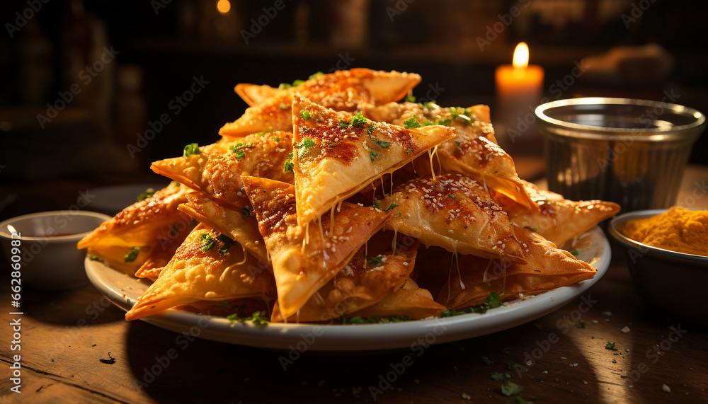 A plate of homemade, crunchy samosas with savory sauce and guacamole generated by AI