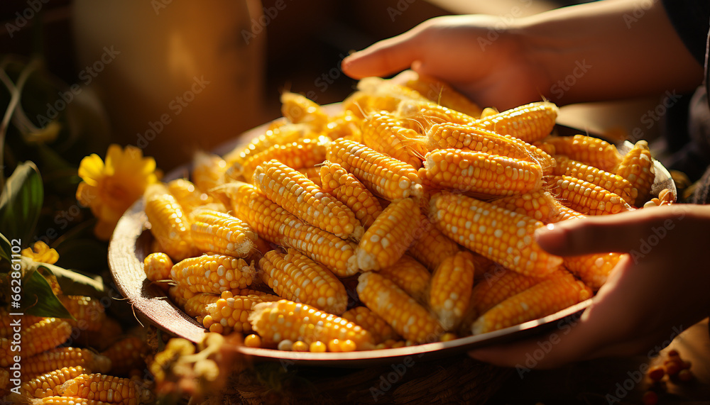 Fresh organic corn on the cob, a healthy summer snack generated by AI