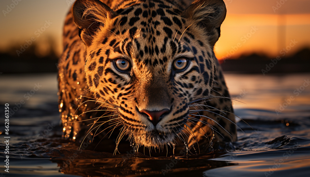 Majestic tiger staring, striped fur reflecting in tranquil wilderness sunset generated by AI