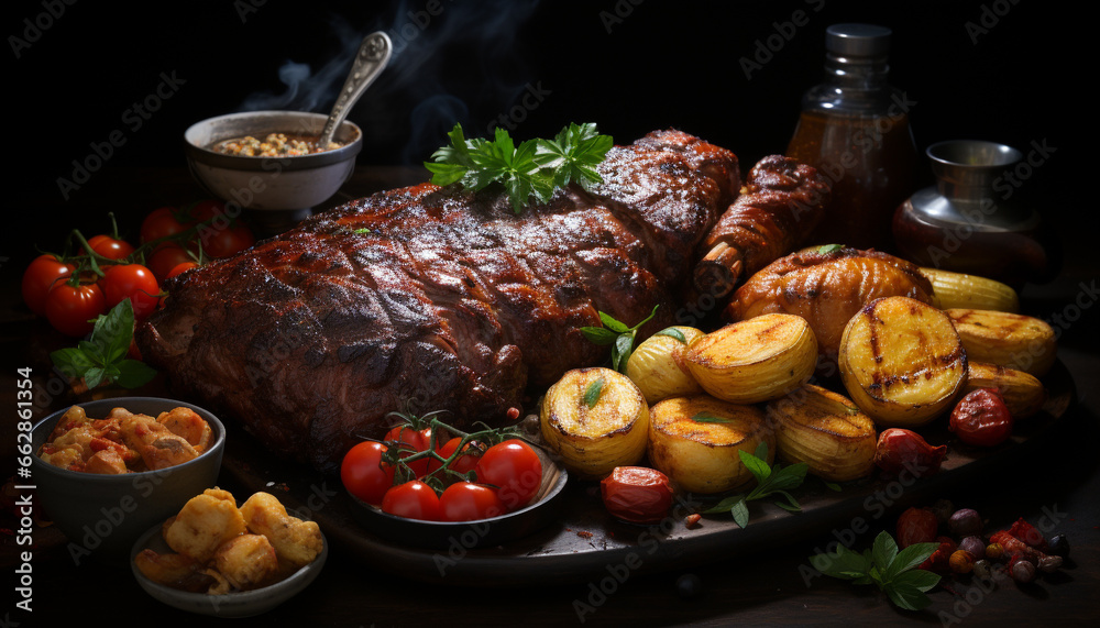 Grilled meat on plate, cooked to perfection, ready to eat generated by AI