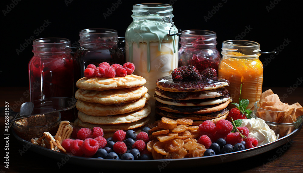 Freshness on a wood table  Raspberry pancake, homemade syrup, gourmet dessert generated by AI