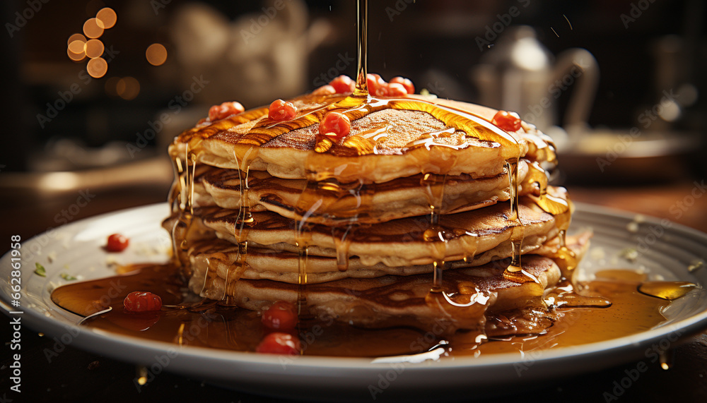 A stack of homemade pancakes with syrup and fresh fruit generated by AI