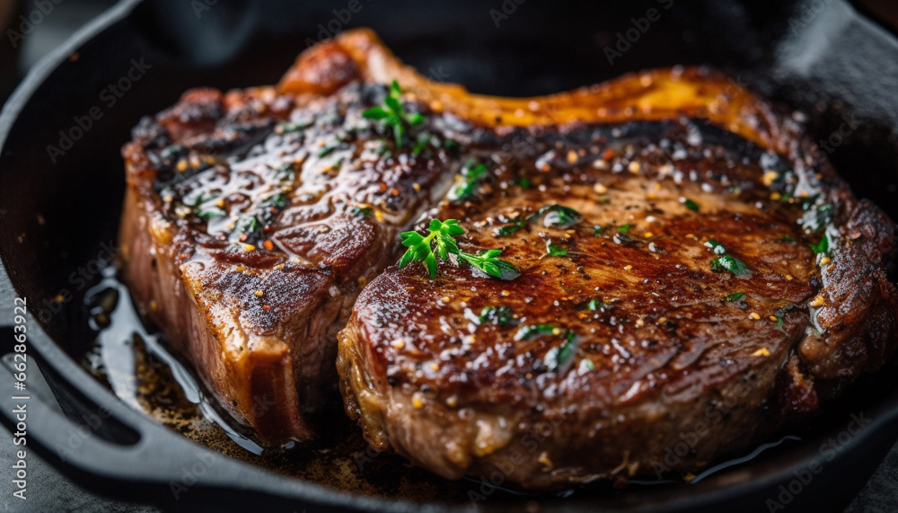 Grilled steak, cooked to perfection, ready to eat, juicy and flavorful generated by AI