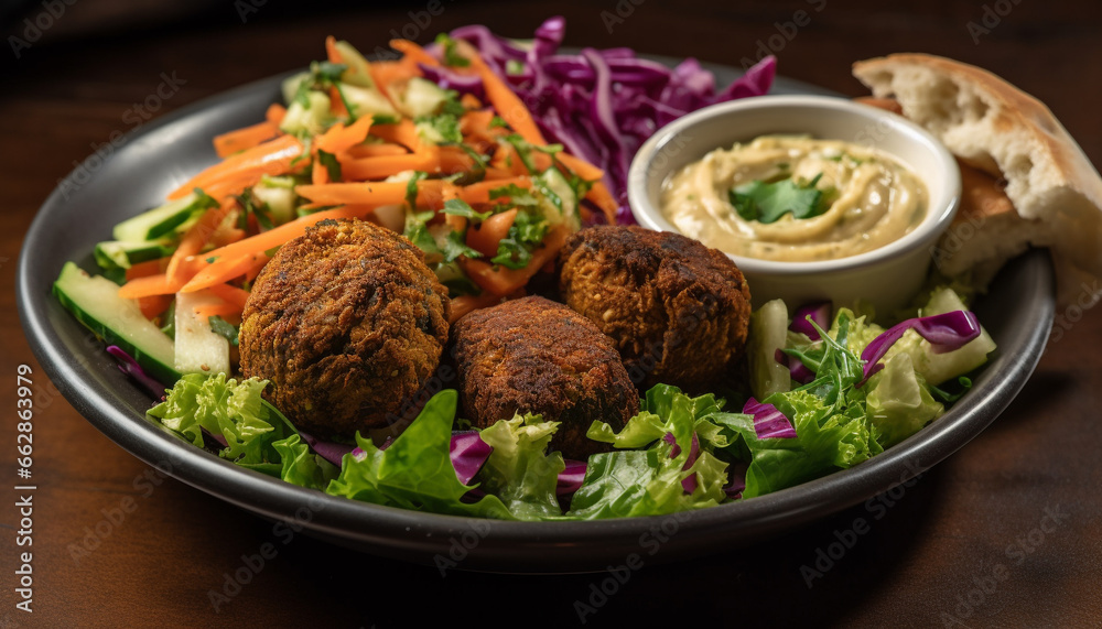 Freshness on a plate: salad, meat, guacamole, grilled, homemade, vegetarian generated by AI