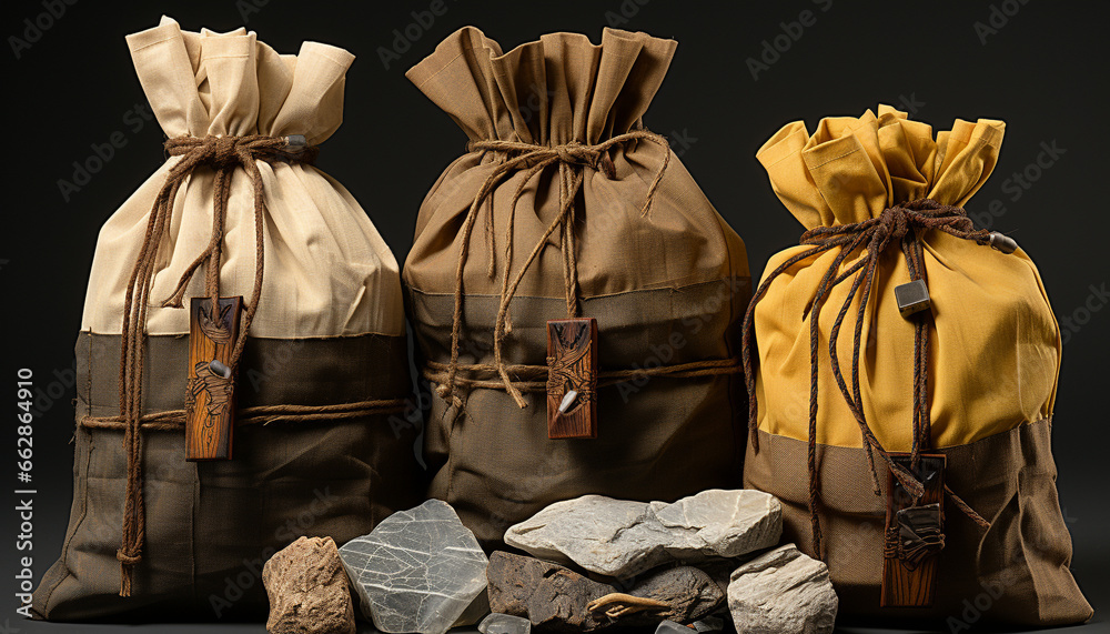 A golden heap of old fashioned gift packages tied with string generated by AI