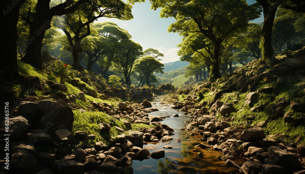 Tranquil scene: nature beauty in green landscape, flowing water, and mountains generated by AI