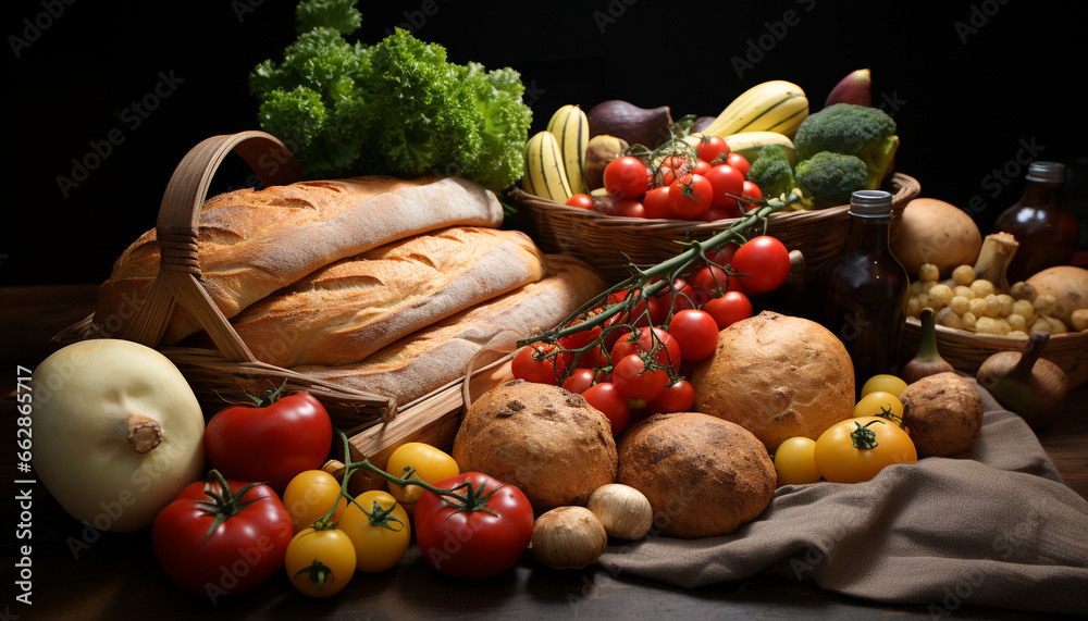 Freshness on a wooden table: tomato, bread, vegetable, healthy eating generated by AI