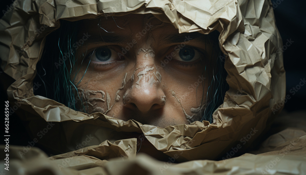 A sad, mysterious woman hides her pain behind a wrinkled veil generated by AI