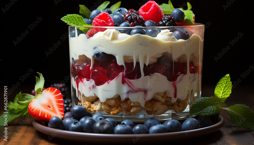 Freshness and sweetness in a bowl of homemade berry parfait generated by AI