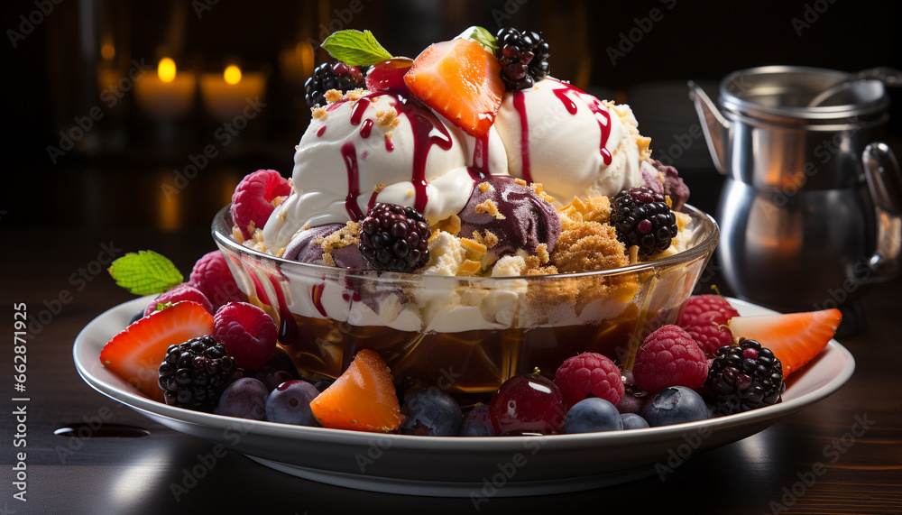 Freshness and sweetness of berry fruit on a wooden table generated by AI