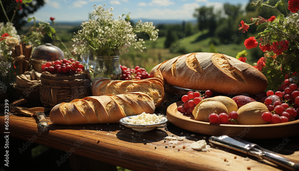 Freshness of nature on a rustic table, homemade gourmet picnic generated by AI