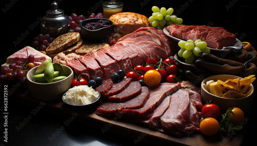 Freshness on the table  gourmet meal, beef slice, wood plate generated by AI