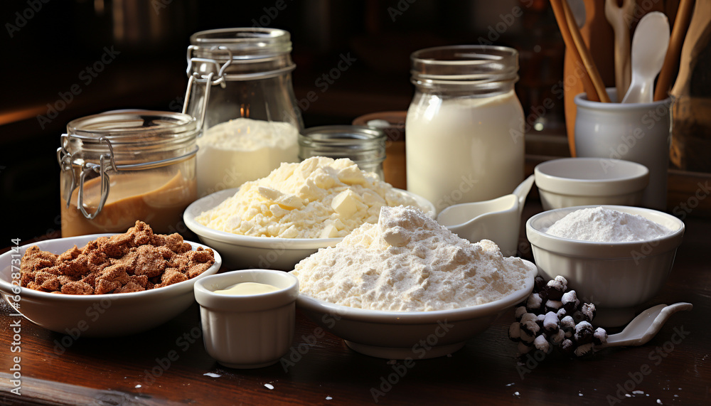 Freshness on a rustic table, healthy meal with homemade bread generated by AI