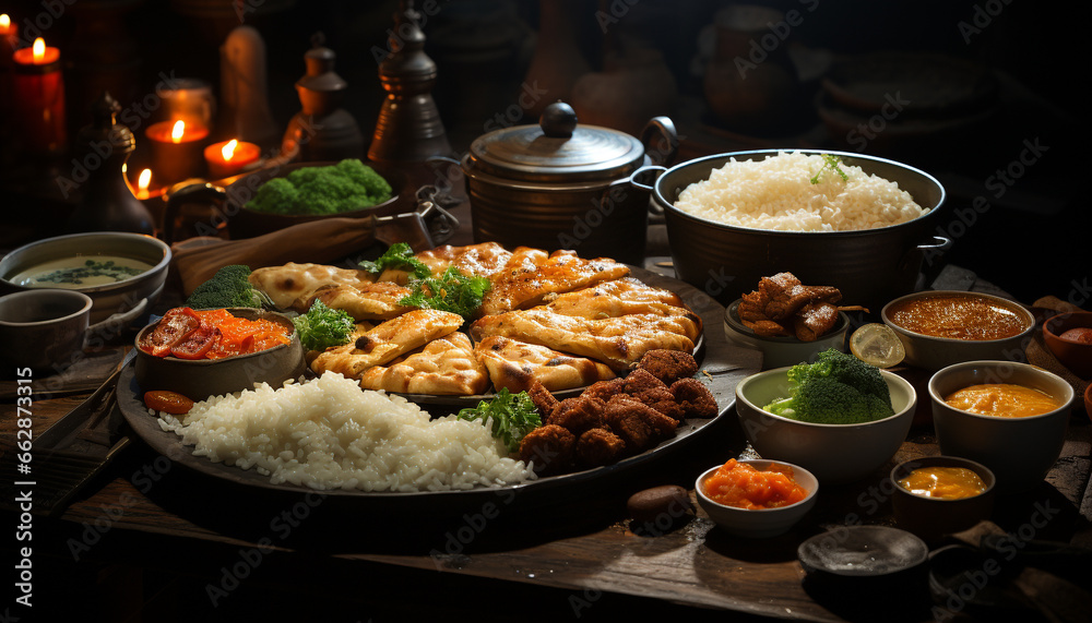 Grilled pork, steamed rice, savory sauce, fresh vegetables on plate generated by AI