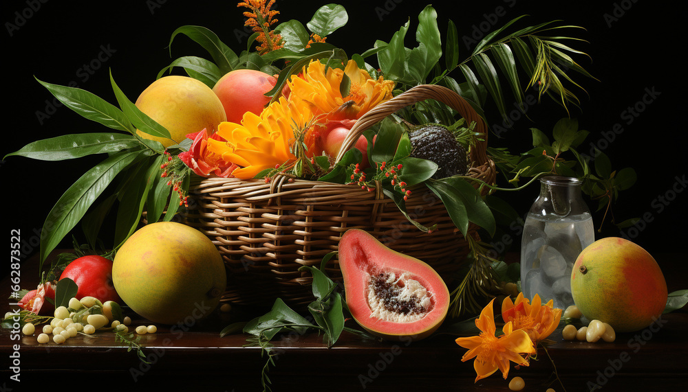 Freshness of nature bounty in a vibrant still life arrangement generated by AI