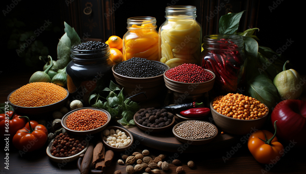 Fresh organic vegetables on a wooden table, healthy eating collection generated by AI