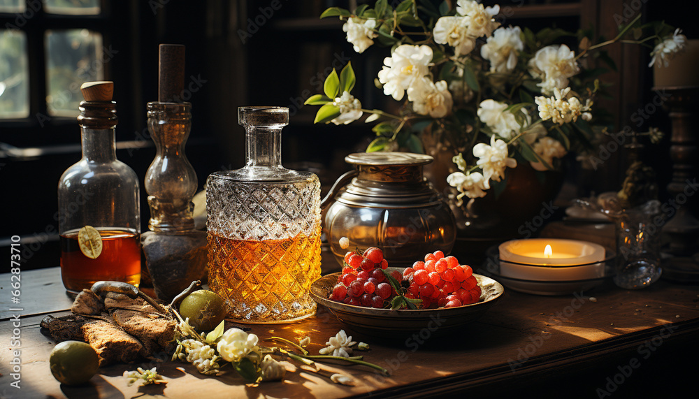 Wooden table with a vase of fresh flowers and a drink generated by AI