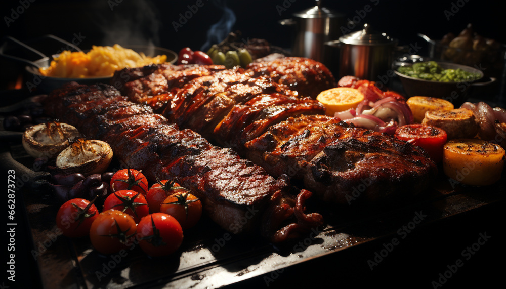 Grilled beef steak, cooked to perfection, ready to eat outdoors generated by AI