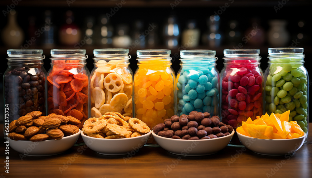 A variety of healthy snacks in a wooden bowl indoors generated by AI