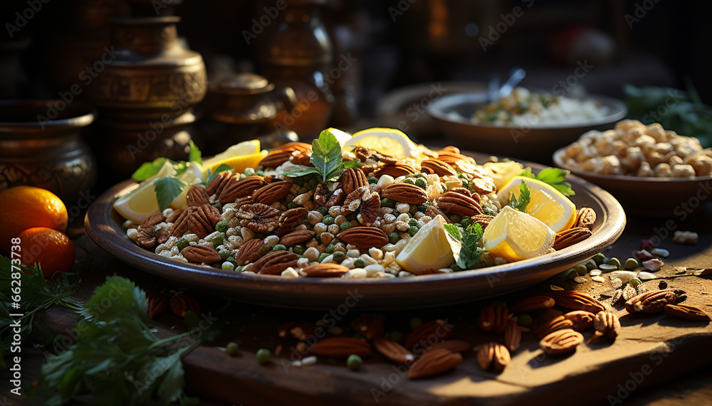 Freshness and variety on a wooden table, healthy gourmet vegetarian meal generated by AI