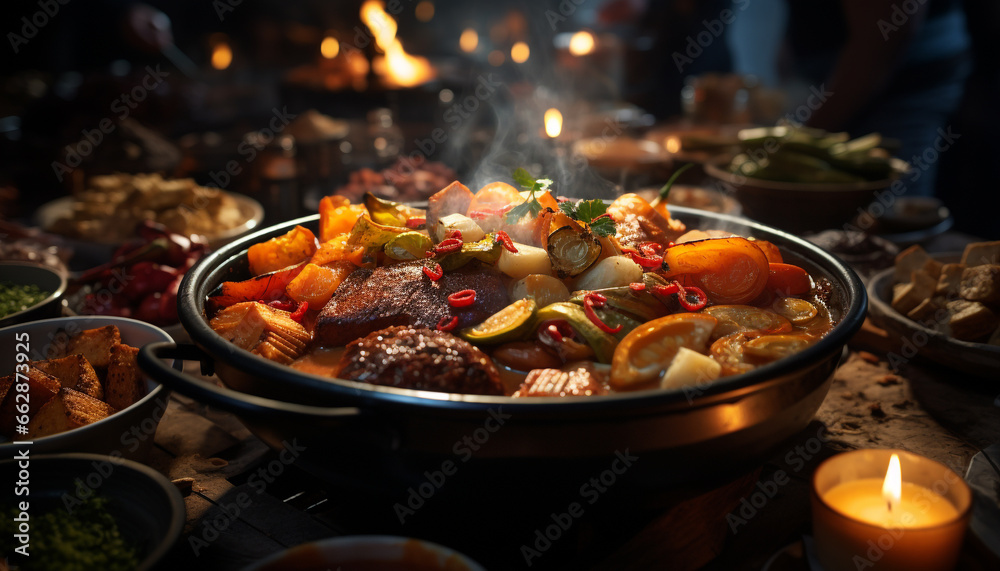 Grilled meat and vegetables on a barbecue, a gourmet delight generated by AI