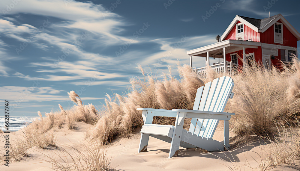 Tranquil scene: Sunlight paints beauty in nature, a small cottage generated by AI