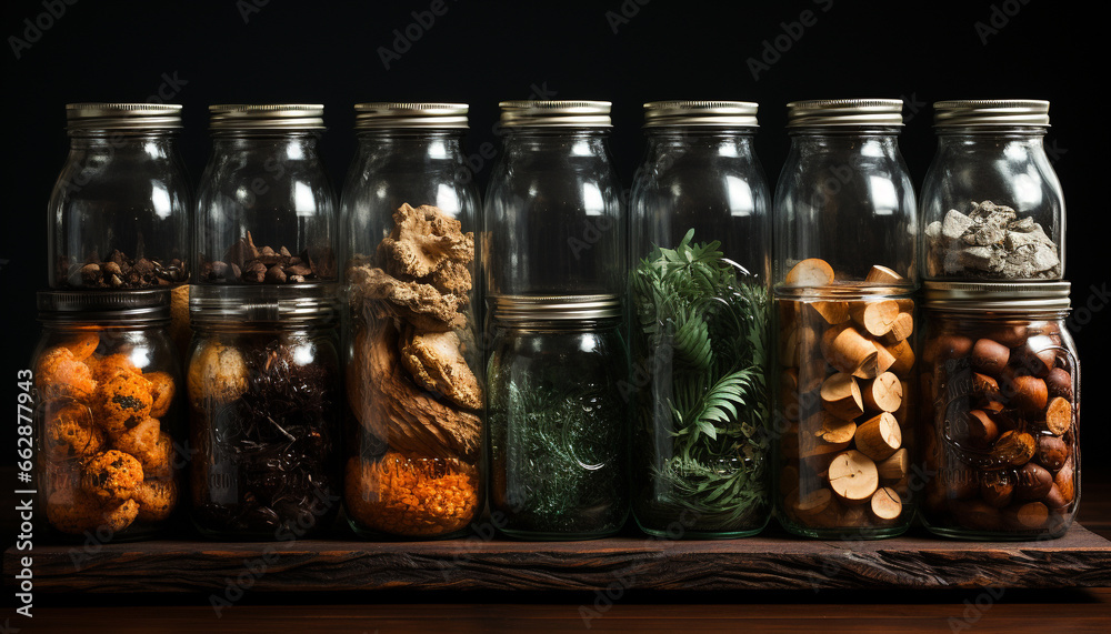 Fresh organic vegetables in a glass jar, nature healthy gourmet generated by AI