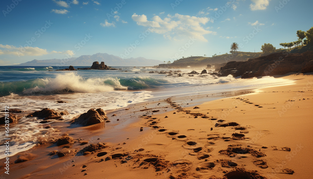 Tranquil scene: sunset over water, waves crashing on sandy coastline generated by AI