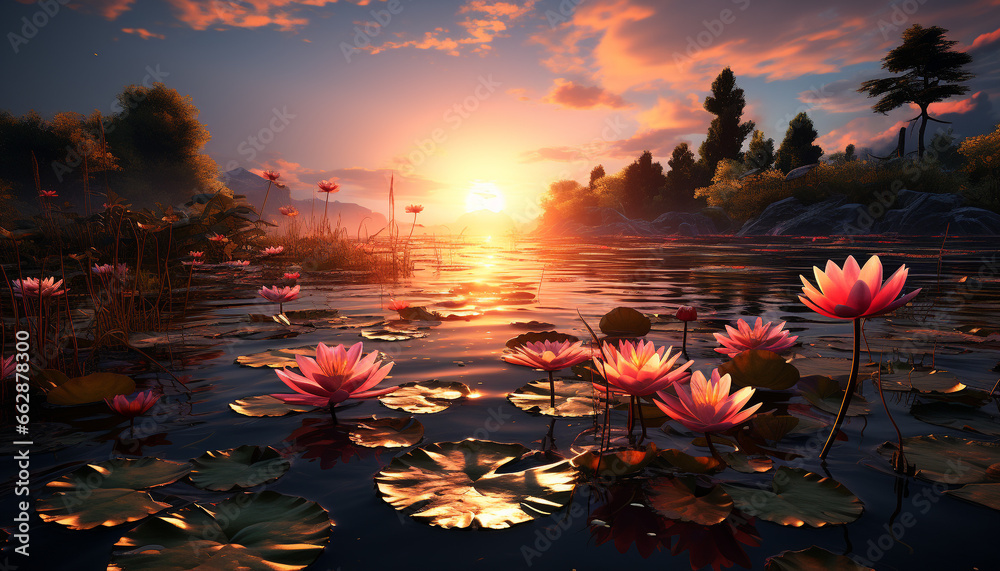 Tranquil scene: sunset reflects on pond, nature beauty in autumn generated by AI