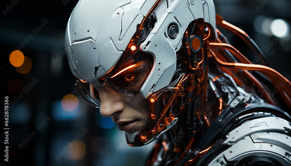 A futuristic cyborg athlete, wearing a sports helmet, working indoors generated by AI