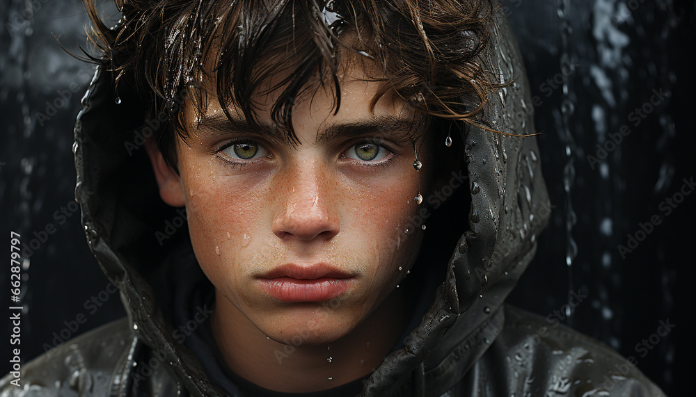 Sadness and loneliness in a wet portrait of a caucasian child generated by AI