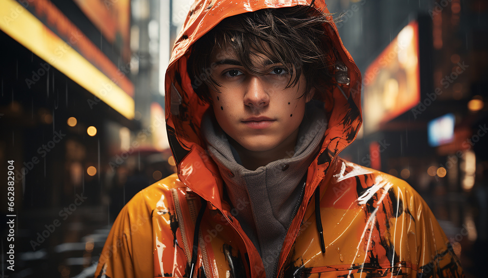 Confident young man in hooded shirt, looking at camera in rain generated by AI