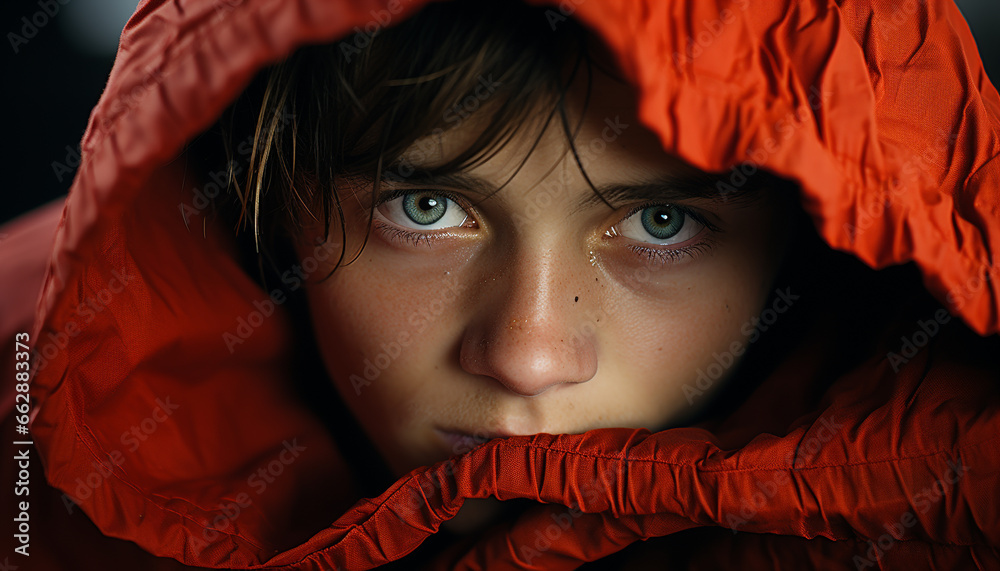 Cute child in raincoat looking at camera, autumn beauty captured generated by AI