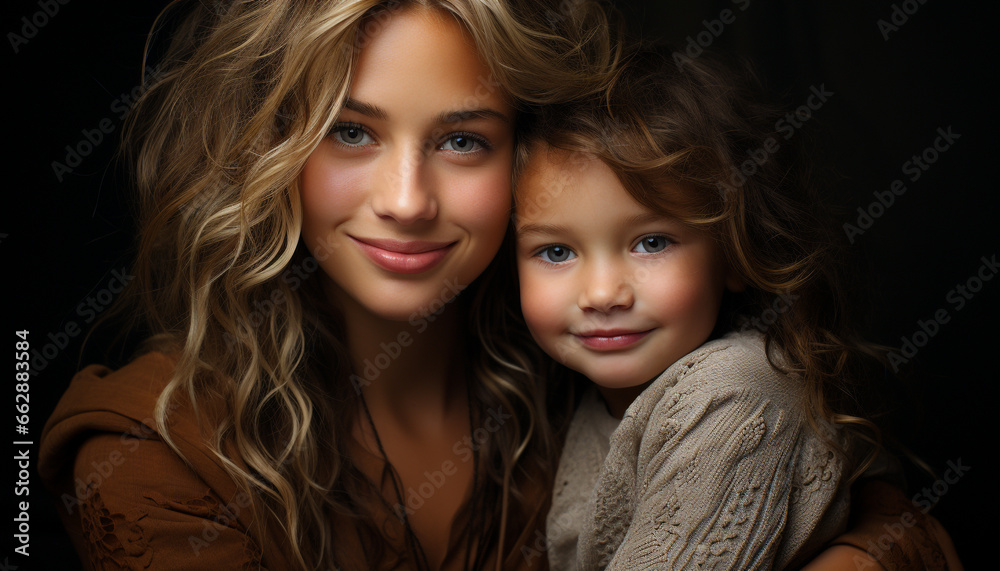 Smiling child, cute portrait, happiness, family, cheerful women looking at camera generated by AI