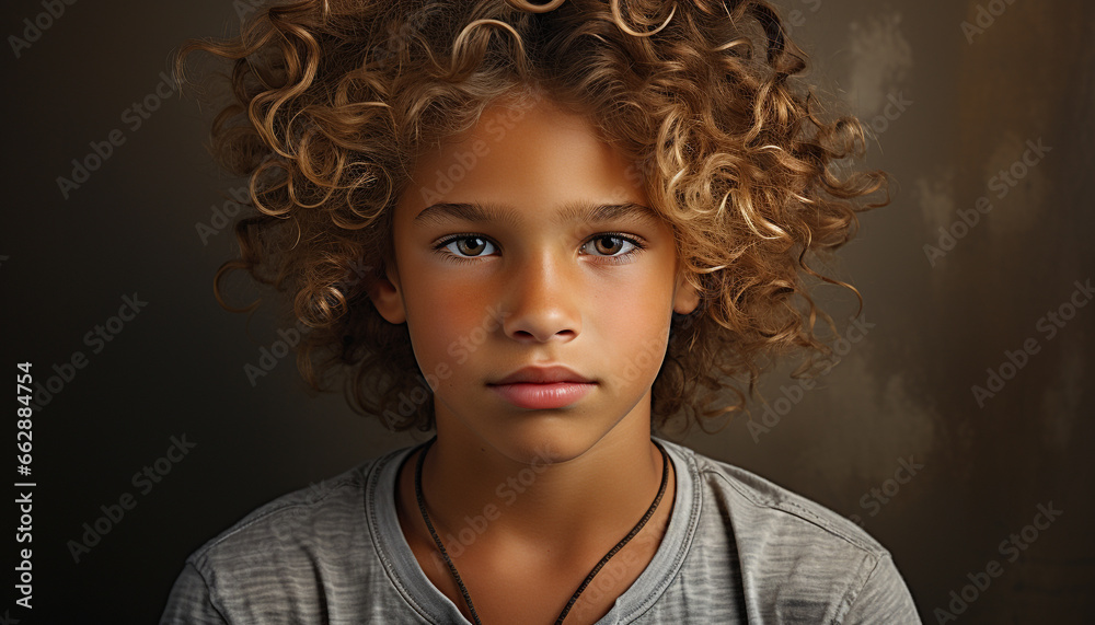 Curly haired child looking cute, confident, and happy in portrait generated by AI