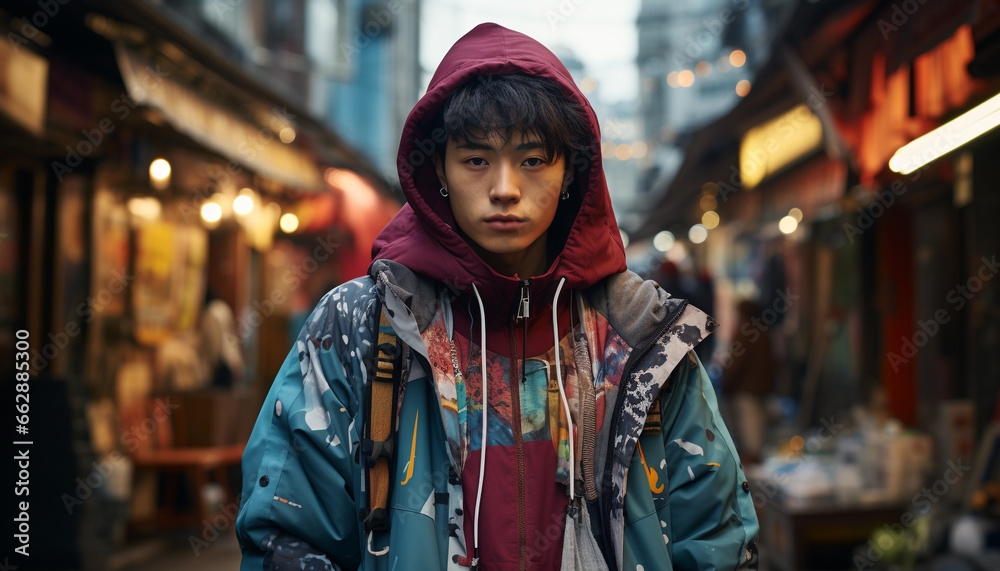 Confident young man in hooded shirt looking at camera at night generated by AI