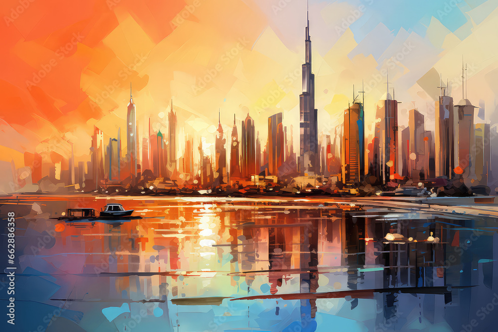 oil painting on canvas, Dubai city - amazing city center skyline and famous Jumeirah beach at sunset, United Arab Emirates. (ai generated)