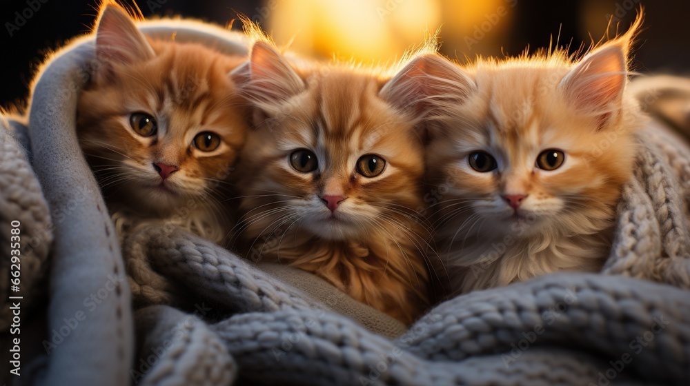  three small kittens are sitting under a blanket on a couch.  generative ai