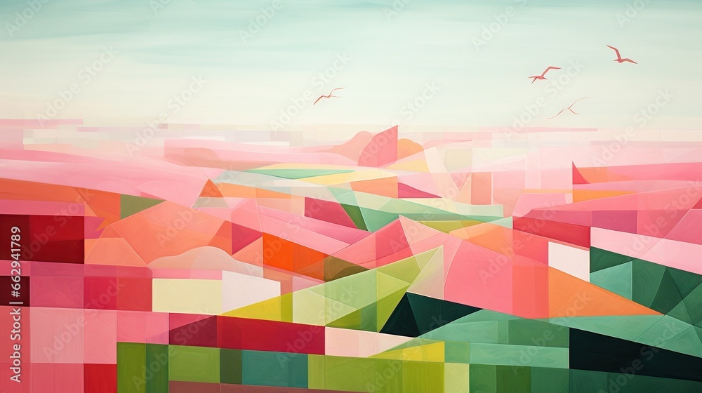  a painting of a colorful landscape with birds flying over it.  generative ai