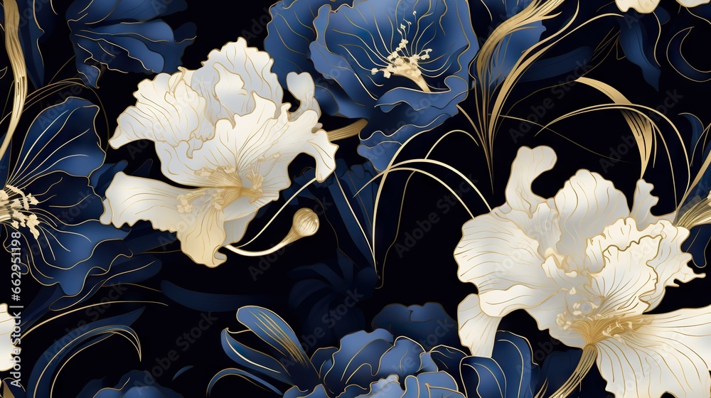  a blue and white floral pattern with gold accents on a black background.  generative ai