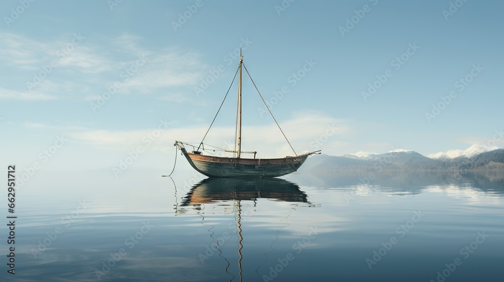  a boat floating on top of a lake next to a mountain.  generative ai