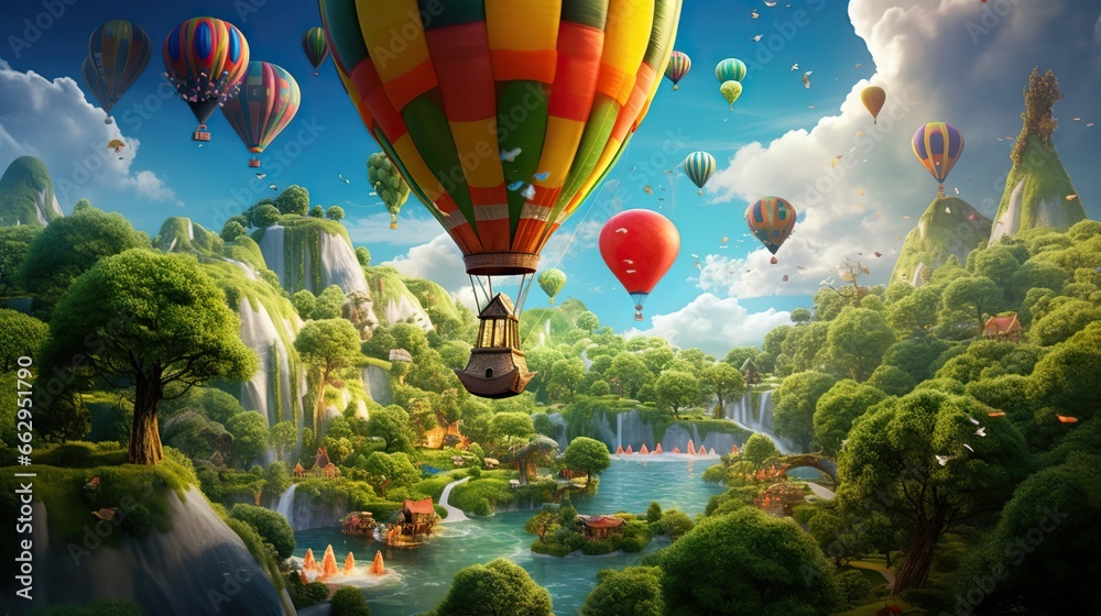  a colorful hot air balloon flying over a lush green forest.  generative ai