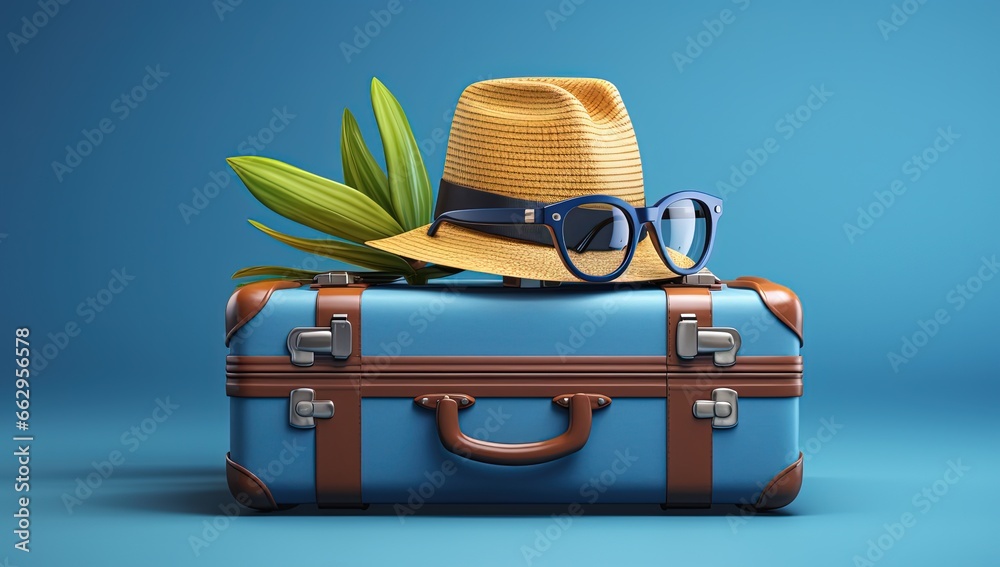 travel bag with summer sunhat and sunglasses, Generative Ai